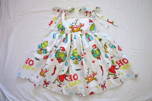 L/XL reindeer flannel tie strap puff dress