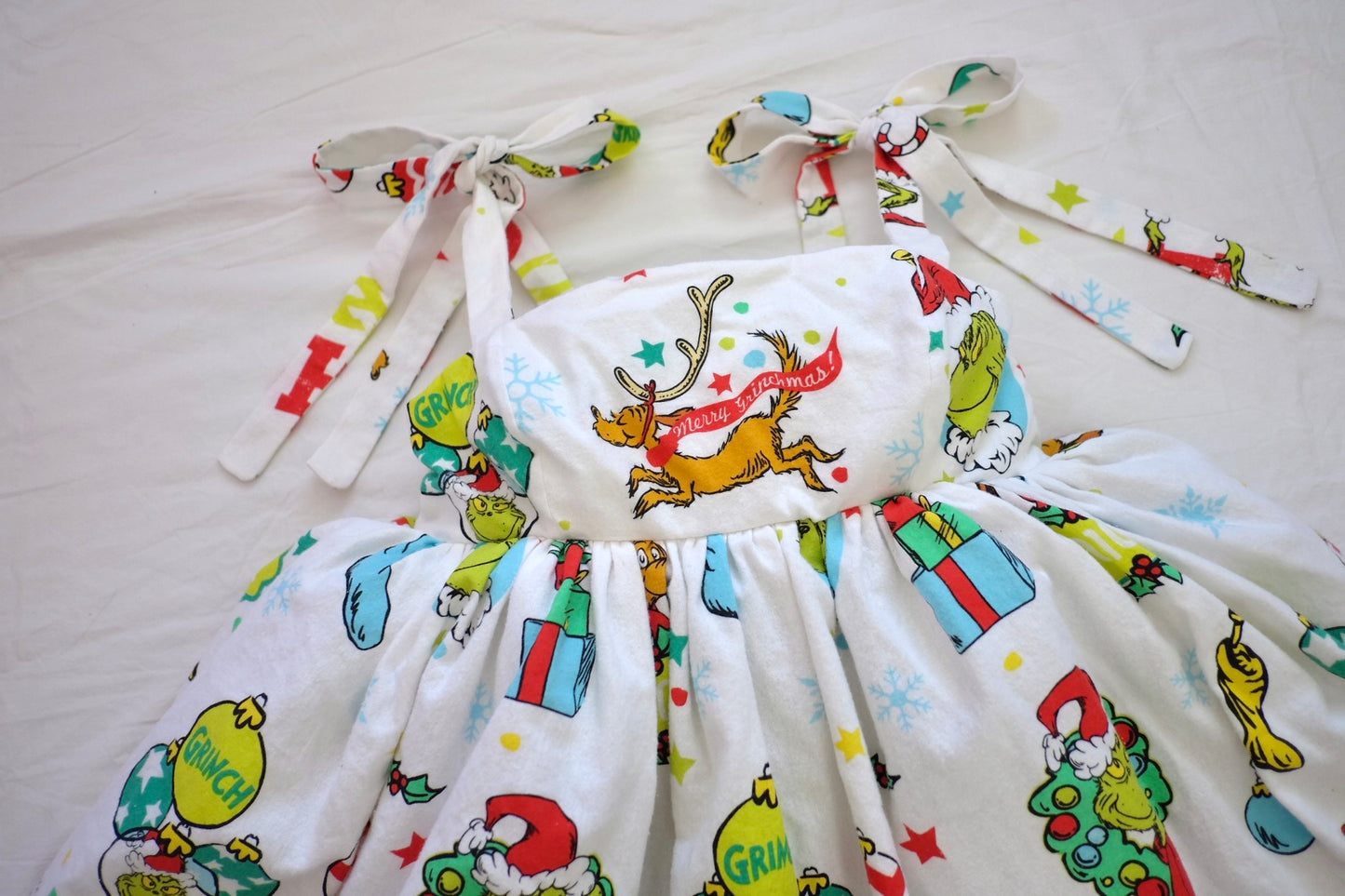 L/XL reindeer flannel tie strap puff dress